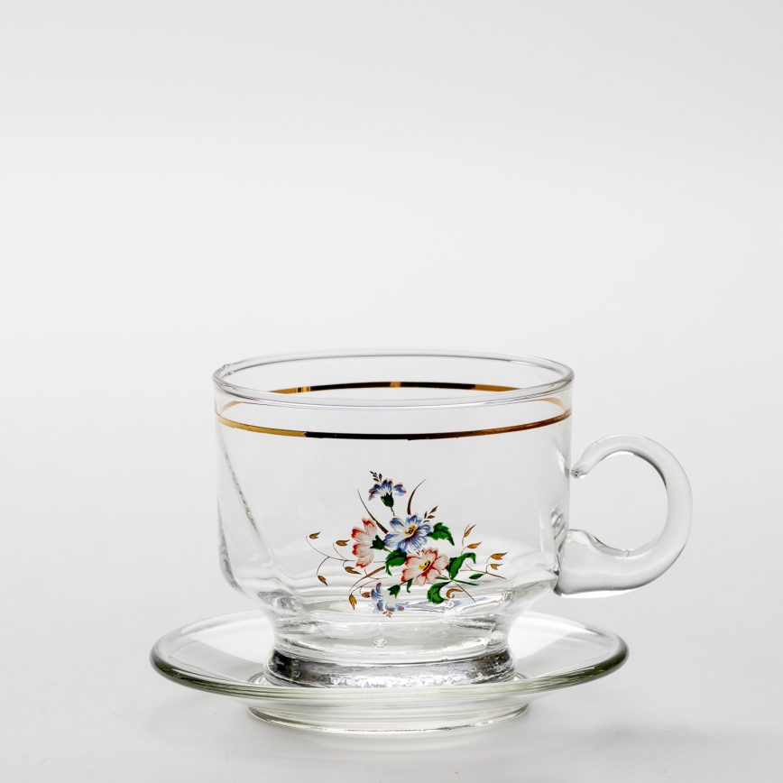 Set 6x Glastasse mit Untertasse klar Blumenstrauß Nr. 8