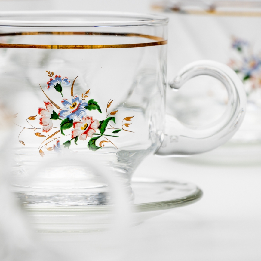 Set 6x Glastasse mit Untertasse klar Blumenstrauß Nr. 8