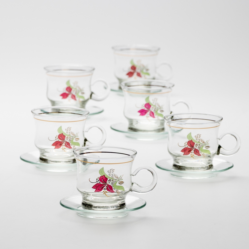 Set 6x Glastasse mit Untertasse klar Blumenstrauß Nr. 9