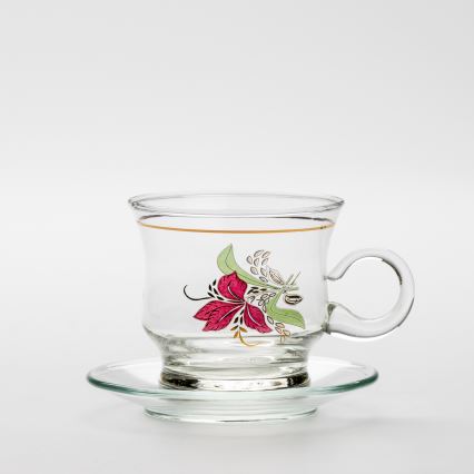 Set 6x Glastasse mit Untertasse klar Blumenstrauß Nr. 9