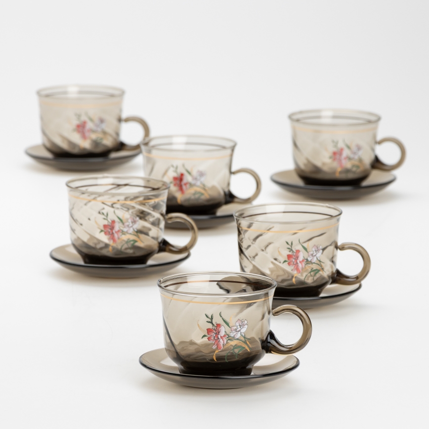 Set 6x Glastasse mit Untertasse rauchig Blumenstrauß Nr. 3