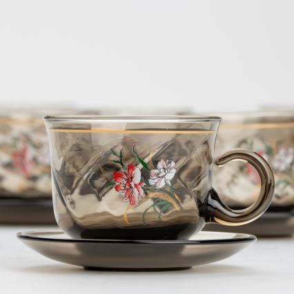 Set 6x Glastasse mit Untertasse rauchig Blumenstrauß Nr. 3