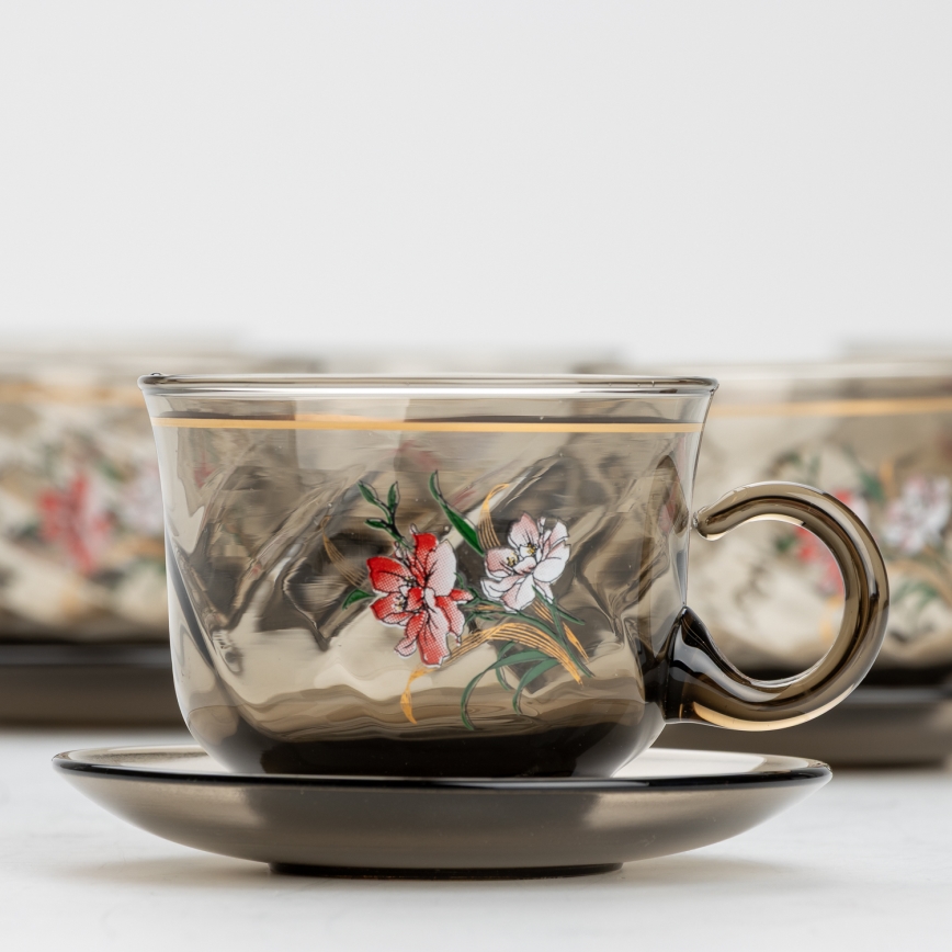 Set 6x Glastasse mit Untertasse rauchig Blumenstrauß Nr. 3