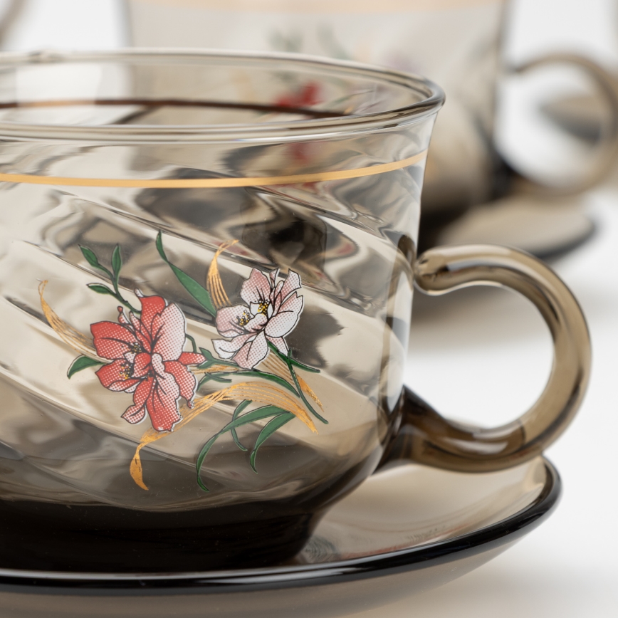 Set 6x Glastasse mit Untertasse rauchig Blumenstrauß Nr. 3