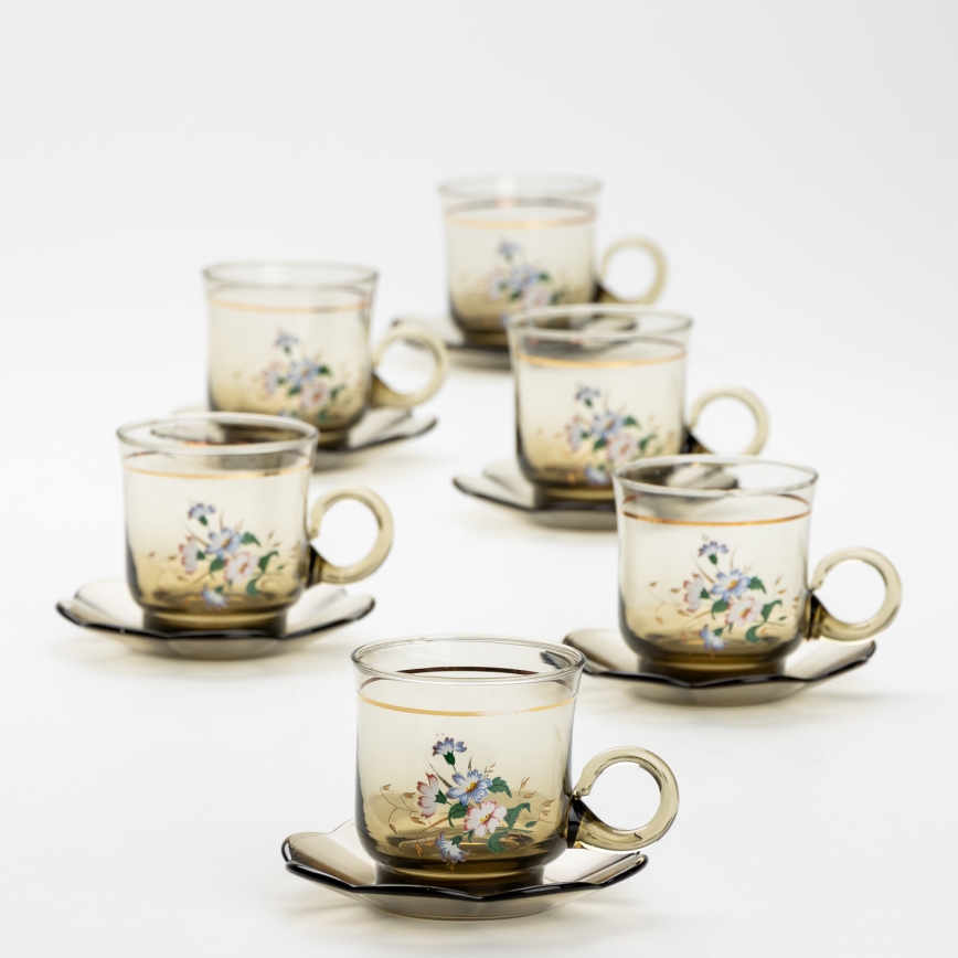 Set 6x Glastasse mit Untertasse rauchig Blumenstrauß Nr. 5