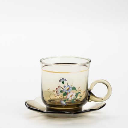 Set 6x Glastasse mit Untertasse rauchig Blumenstrauß Nr. 5