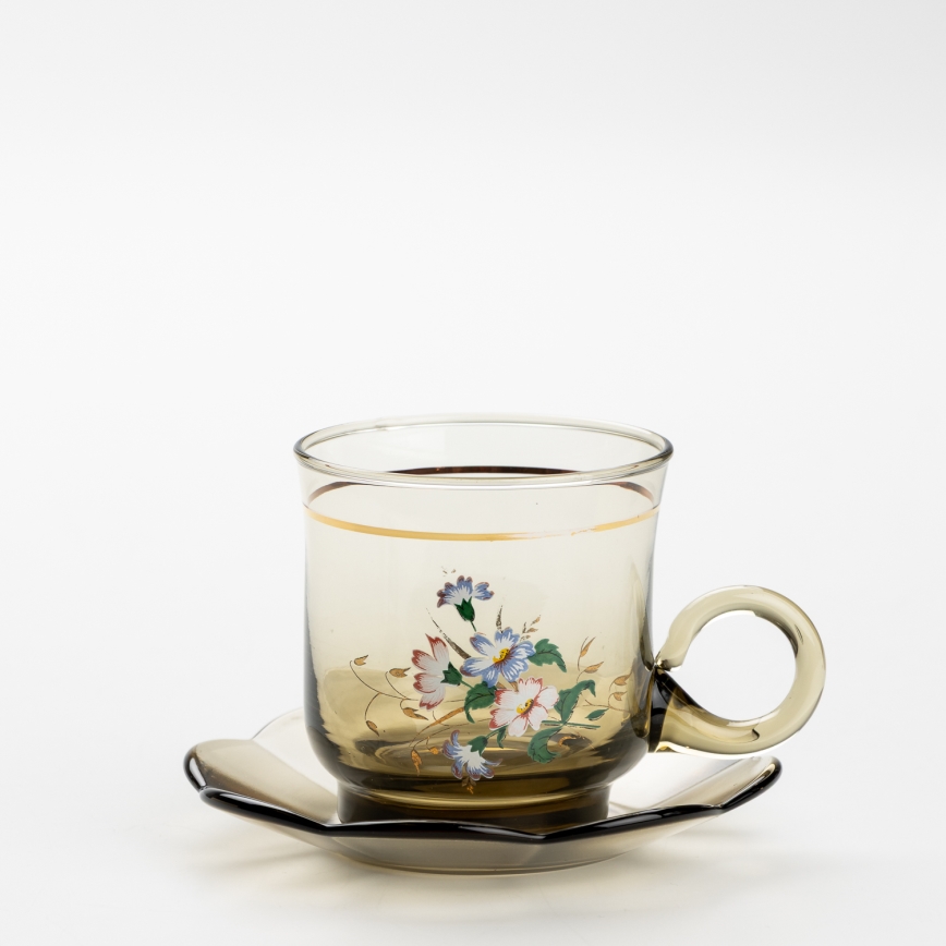 Set 6x Glastasse mit Untertasse rauchig Blumenstrauß Nr. 5