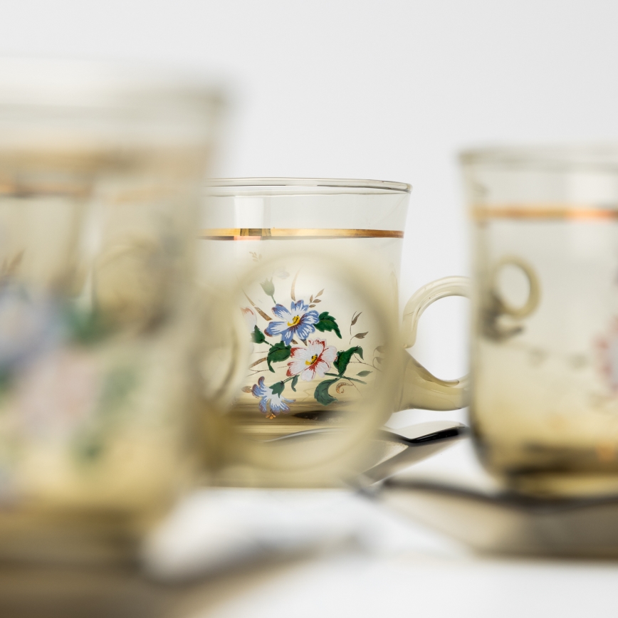 Set 6x Glastasse mit Untertasse rauchig Blumenstrauß Nr. 5