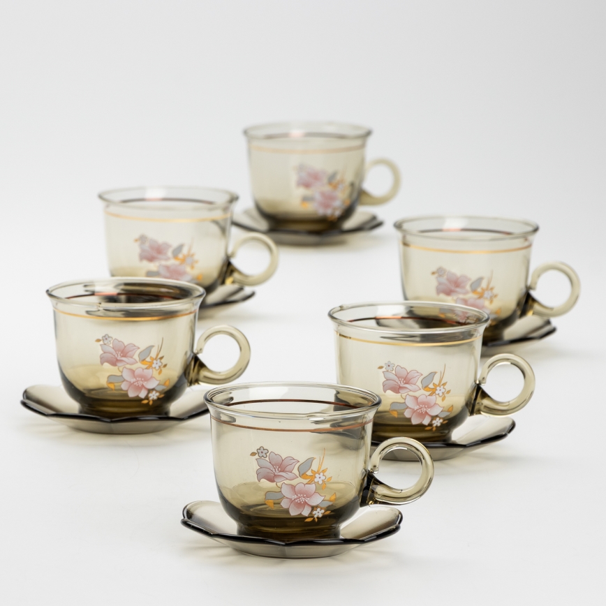 Set 6x Glastasse mit Untertasse rauchig Blumenstrauß Nr. 6