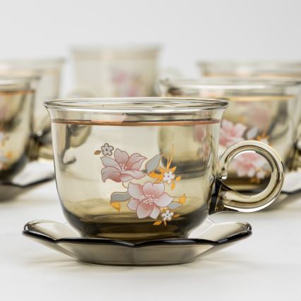 Set 6x Glastasse mit Untertasse rauchig Blumenstrauß Nr. 6