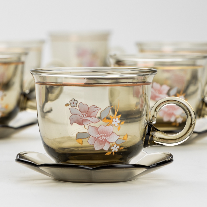 Set 6x Glastasse mit Untertasse rauchig Blumenstrauß Nr. 6