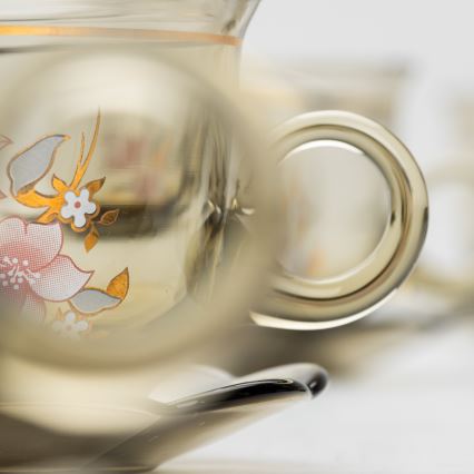 Set 6x Glastasse mit Untertasse rauchig Blumenstrauß Nr. 6