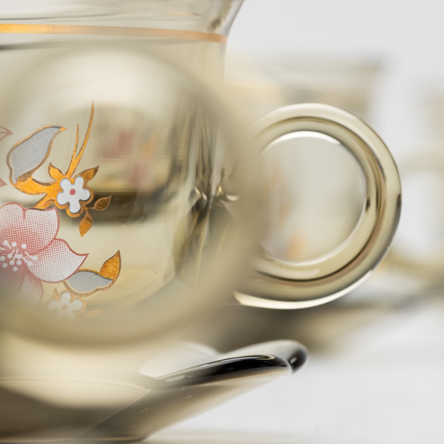 Set 6x Glastasse mit Untertasse rauchig Blumenstrauß Nr. 6