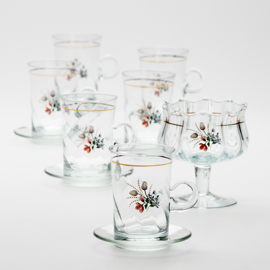 Set 6x Glastasse mit Untertasse und 1x Zuckerdose klar Blumenstrauß Nr. 4