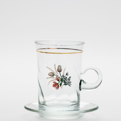 Set 6x Glastasse mit Untertasse und 1x Zuckerdose klar Blumenstrauß Nr. 4