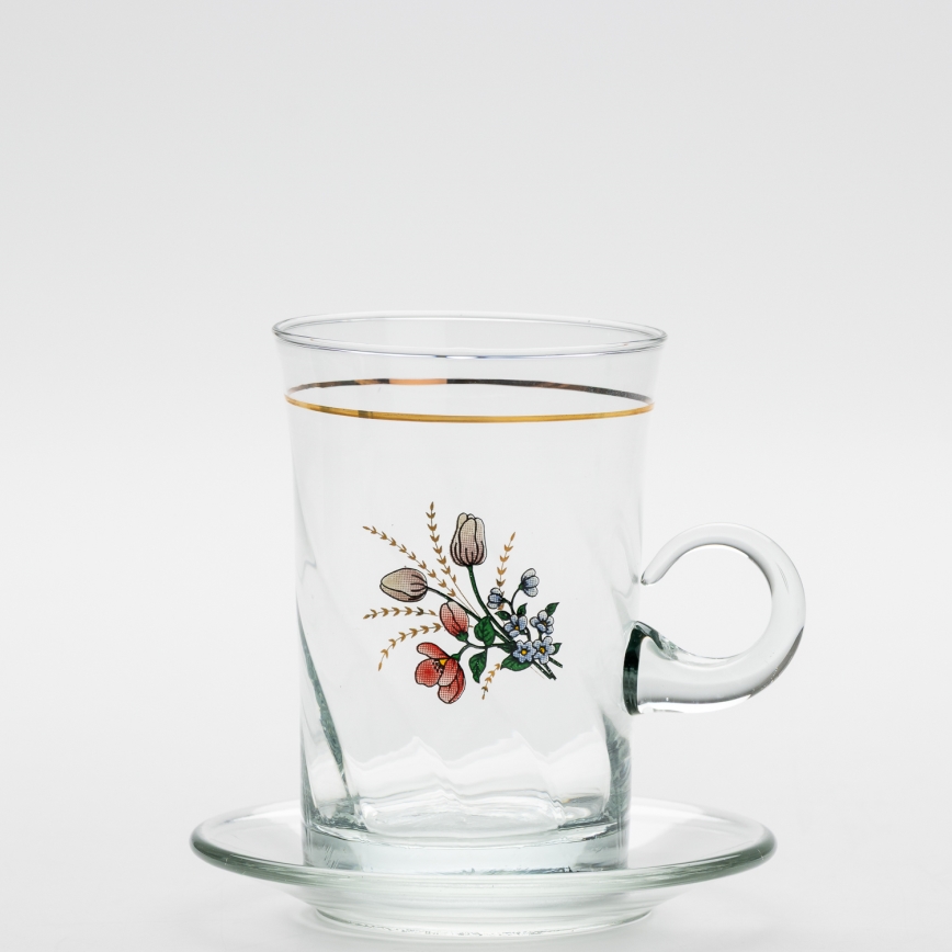 Set 6x Glastasse mit Untertasse und 1x Zuckerdose klar Blumenstrauß Nr. 4