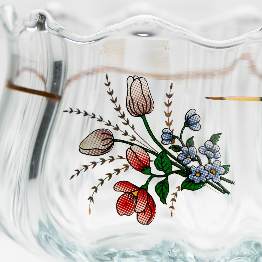 Set 6x Glastasse mit Untertasse und 1x Zuckerdose klar Blumenstrauß Nr. 4