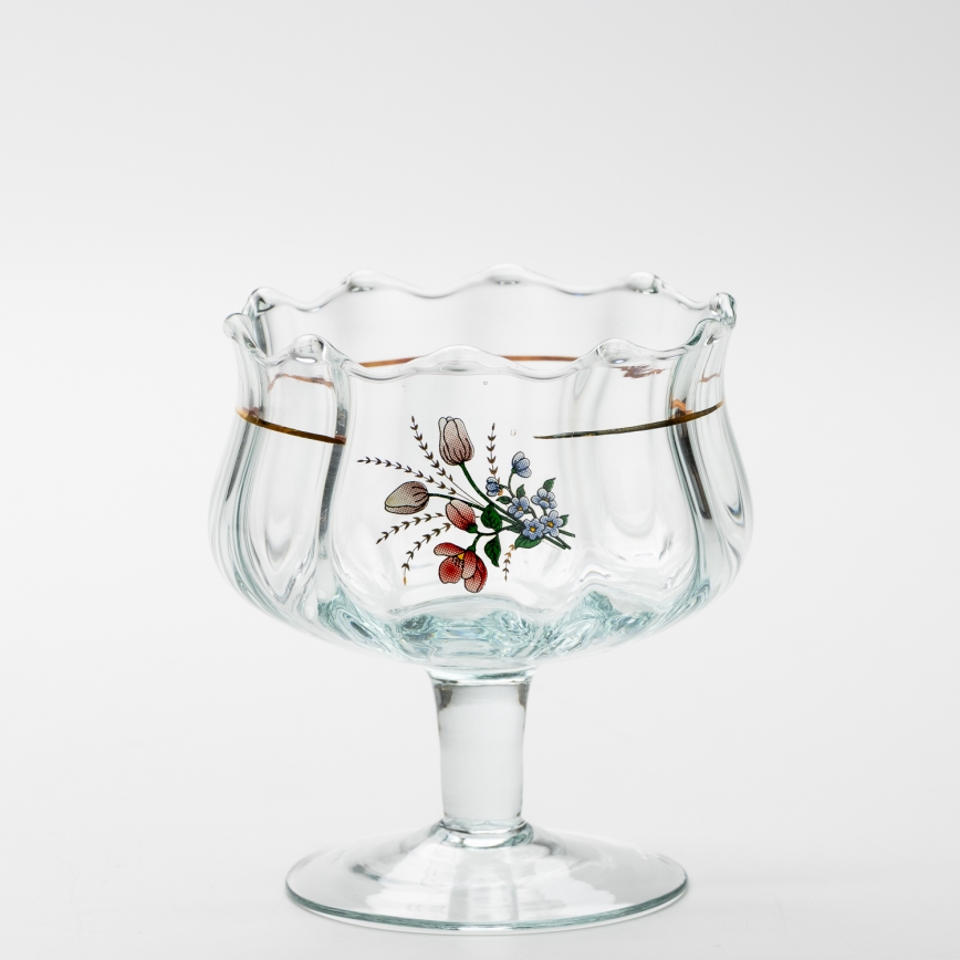 Set 6x Glastasse mit Untertasse und 1x Zuckerdose klar Blumenstrauß Nr. 4