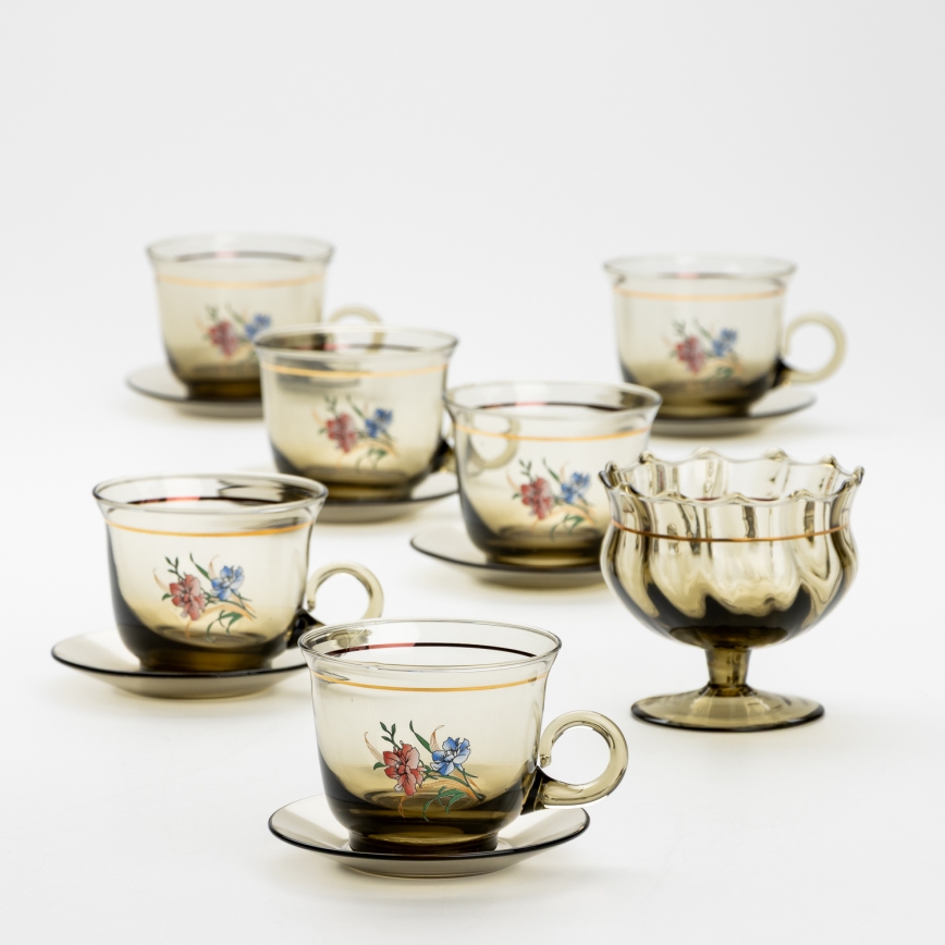 Set 6x Glastasse mit Untertasse und 1x Zuckerdose rauchig Blumenstrauß Nr. 3
