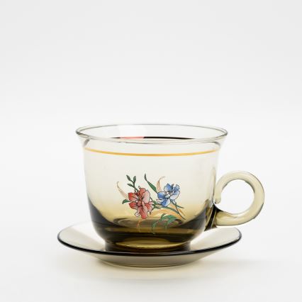 Set 6x Glastasse mit Untertasse und 1x Zuckerdose rauchig Blumenstrauß Nr. 3