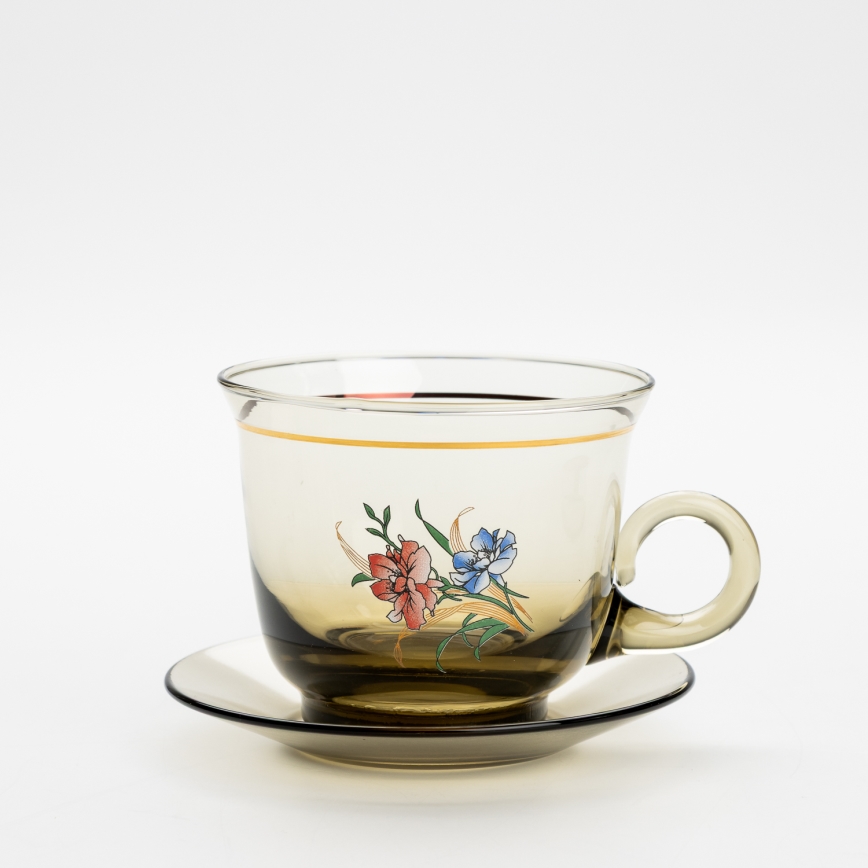 Set 6x Glastasse mit Untertasse und 1x Zuckerdose rauchig Blumenstrauß Nr. 3