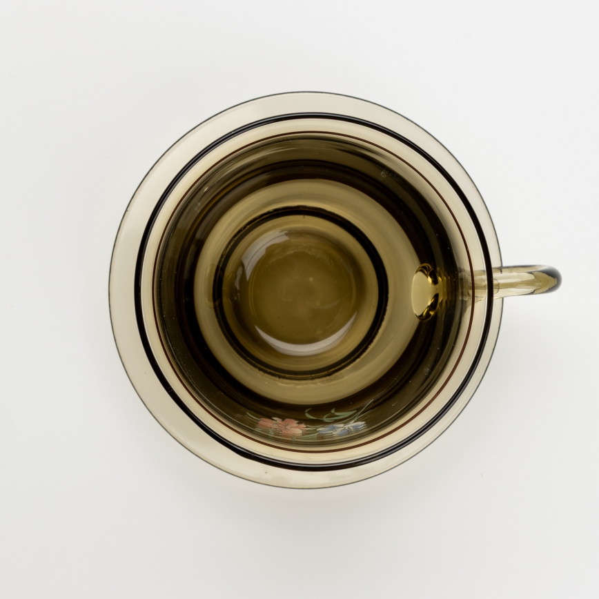 Set 6x Glastasse mit Untertasse und 1x Zuckerdose rauchig Blumenstrauß Nr. 3