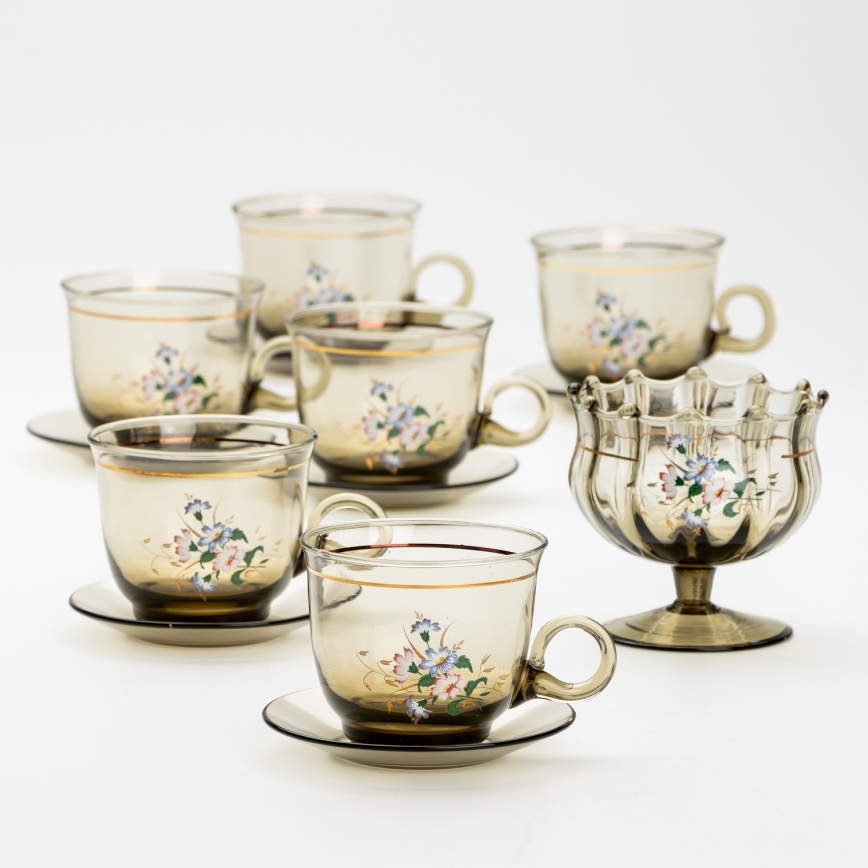 Set 6x Glastasse mit Untertasse und 1x Zuckerdose rauchig Blumenstrauß Nr. 3