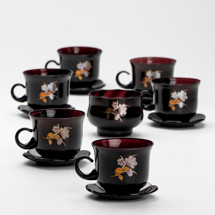 Set 6x Glastasse mit Untertasse und 1x Zuckerdose schwarz Blumenstrauß Nr. 3