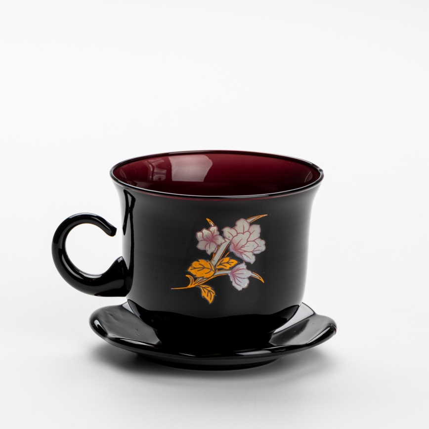 Set 6x Glastasse mit Untertasse und 1x Zuckerdose schwarz Blumenstrauß Nr. 3
