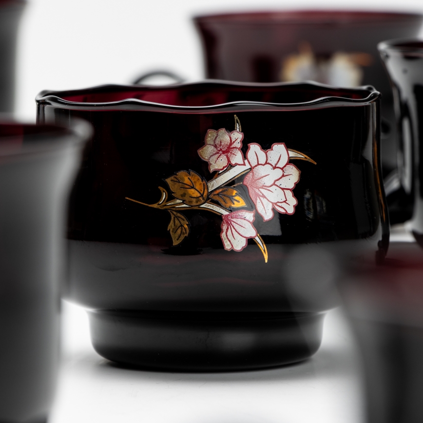 Set 6x Glastasse mit Untertasse und 1x Zuckerdose schwarz Blumenstrauß Nr. 3