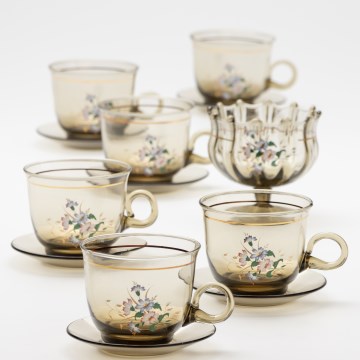 Set 6x tazza di vetro con piattino e 1x zuccheriera fumé bouquet n.4