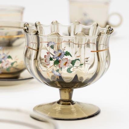 Set 6x tazza di vetro con piattino e 1x zuccheriera fumé bouquet n.4