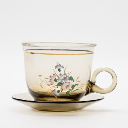 Set 6x tazza di vetro con piattino e 1x zuccheriera fumé bouquet n.4
