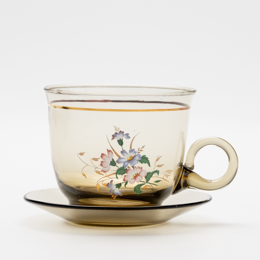 Set 6x tazza di vetro con piattino e 1x zuccheriera fumé bouquet n.4