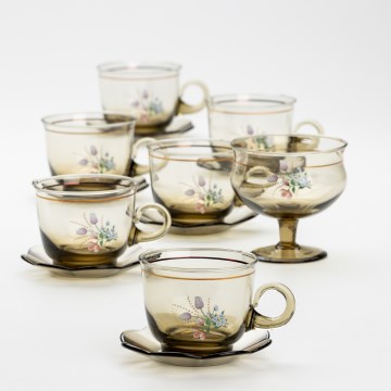 Set 6x tazza di vetro con piattino e 1x zuccheriera fumé bouquet no 2