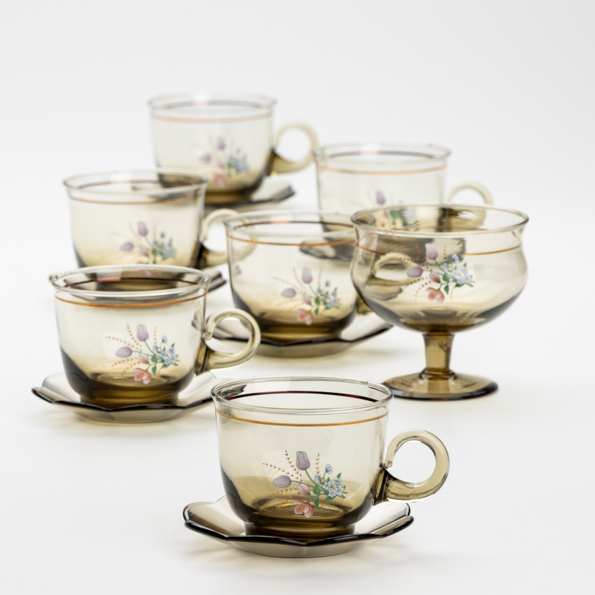 Set 6x tazza di vetro con piattino e 1x zuccheriera fumé bouquet no 2