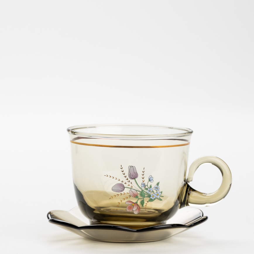 Set 6x tazza di vetro con piattino e 1x zuccheriera fumé bouquet no 2