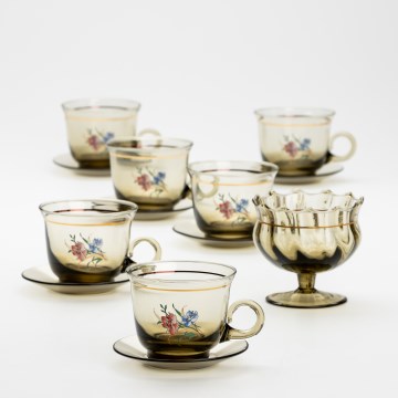 Set 6x tazza di vetro con piattino e 1x zuccheriera fumé bouquet no 3