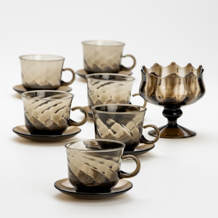 Set 6x tazza di vetro con piattino e 1x zuccheriera fumé