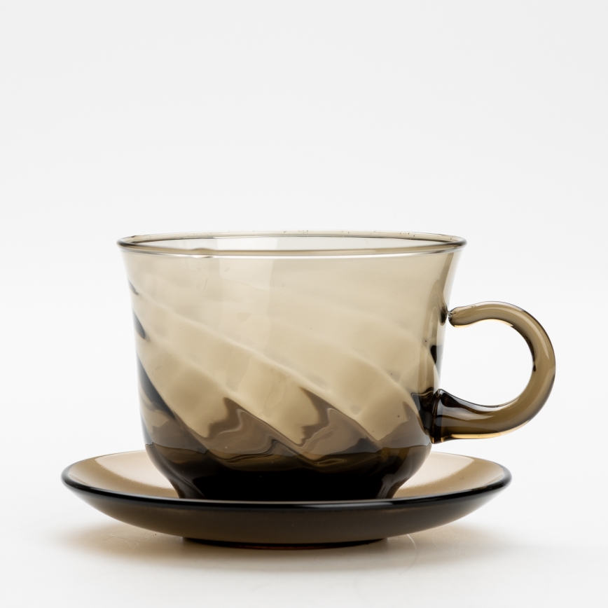 Set 6x tazza di vetro con piattino e 1x zuccheriera fumé