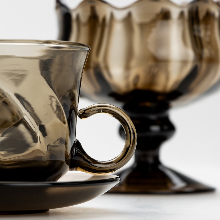 Set 6x tazza di vetro con piattino e 1x zuccheriera fumé