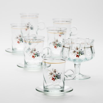 Set 6x tazza di vetro con piattino e 1x zuccheriera limpido bouquet n.4