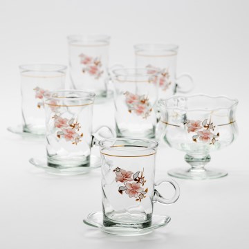 Set 6x tazza di vetro con piattino e 1x zuccheriera limpido bouquet no 2