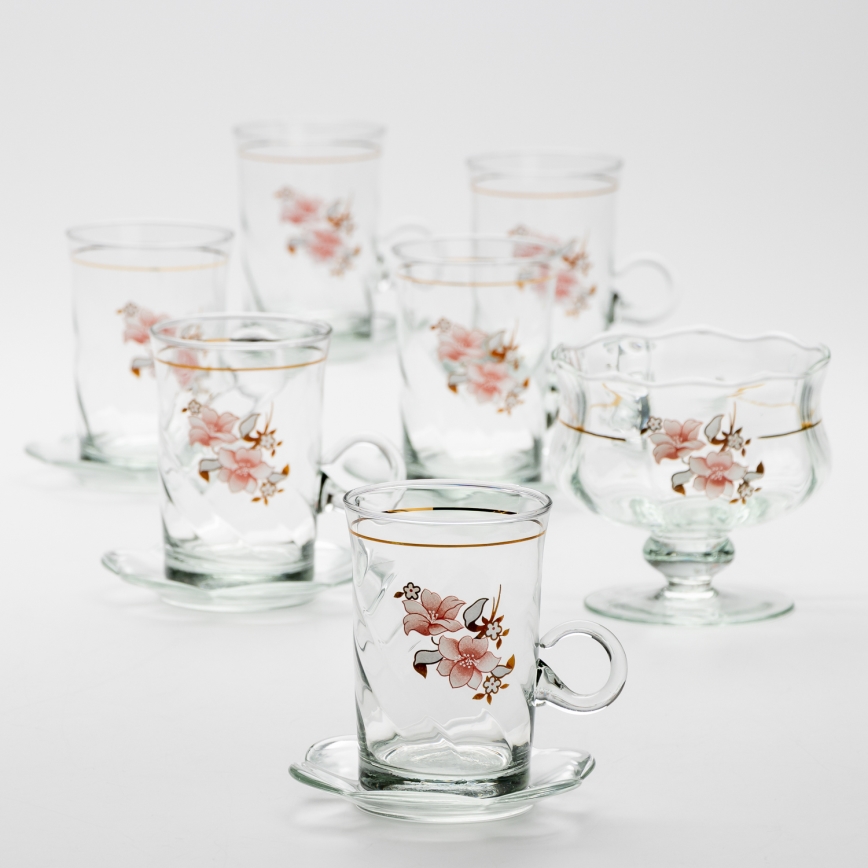 Set 6x tazza di vetro con piattino e 1x zuccheriera limpido bouquet no 2