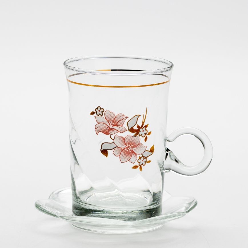 Set 6x tazza di vetro con piattino e 1x zuccheriera limpido bouquet no 2