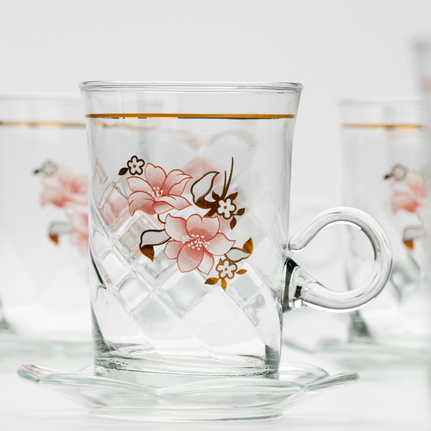 Set 6x tazza di vetro con piattino e 1x zuccheriera limpido bouquet no 2