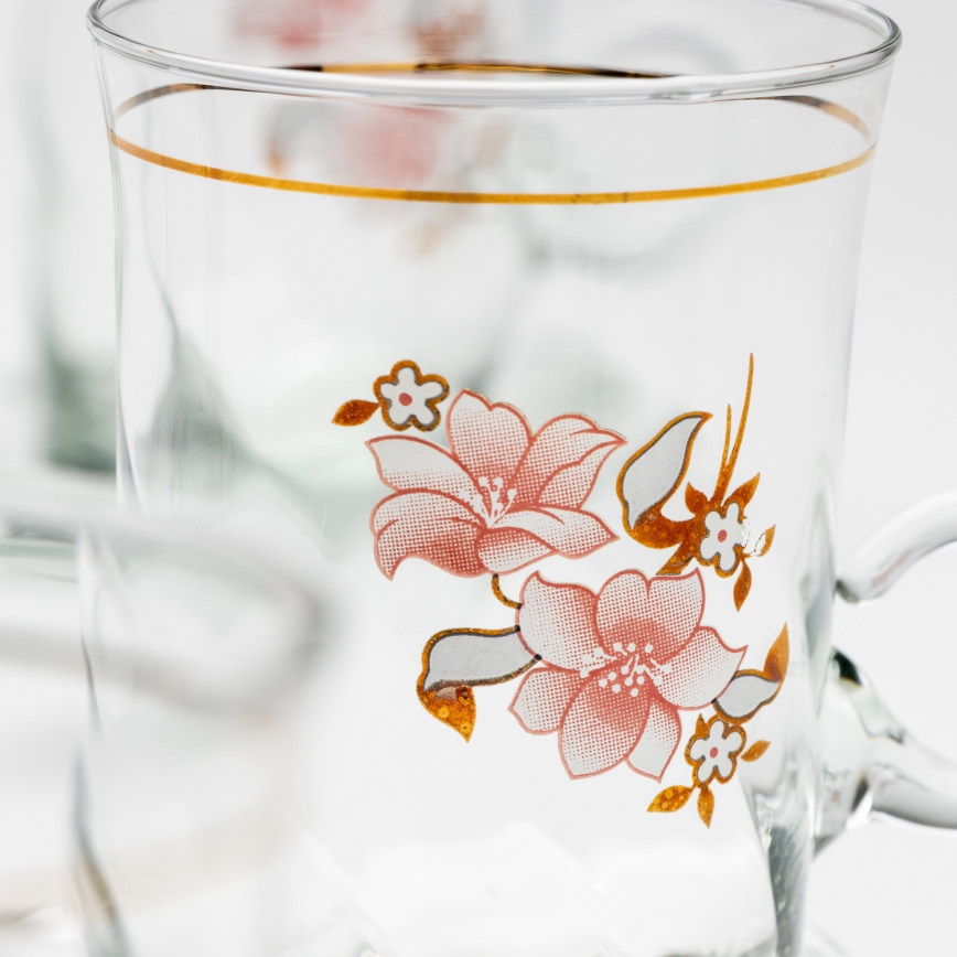 Set 6x tazza di vetro con piattino e 1x zuccheriera limpido bouquet no 2