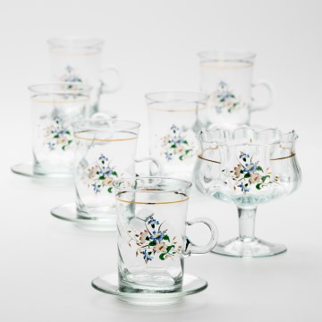 Set 6x tazza di vetro con piattino e 1x zuccheriera limpido bouquet no 3