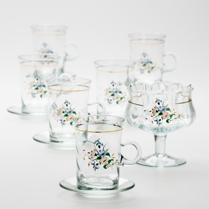 Set 6x tazza di vetro con piattino e 1x zuccheriera limpido bouquet no 3