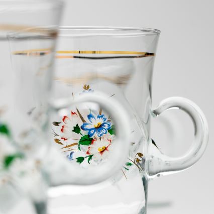 Set 6x tazza di vetro con piattino e 1x zuccheriera limpido bouquet no 3